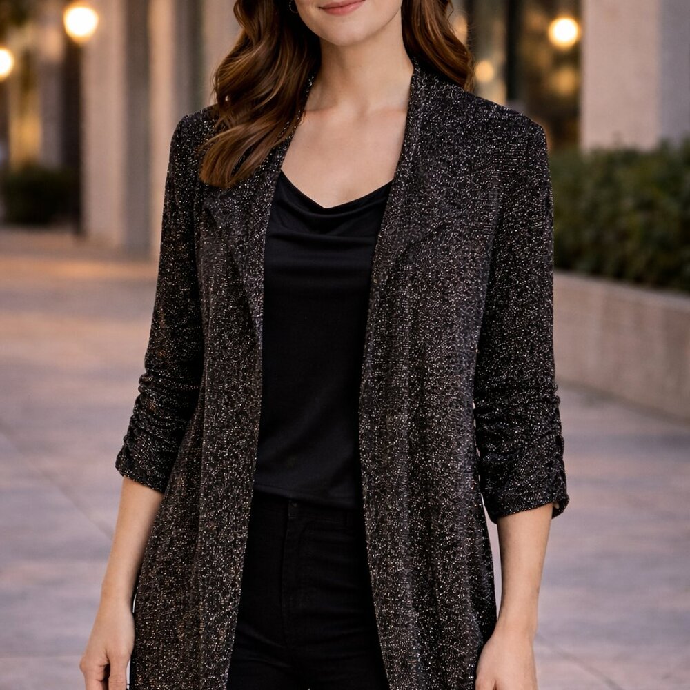 Perceptions NY Special Occasion Black Metallic Cardigan Layer Party Sz 14
